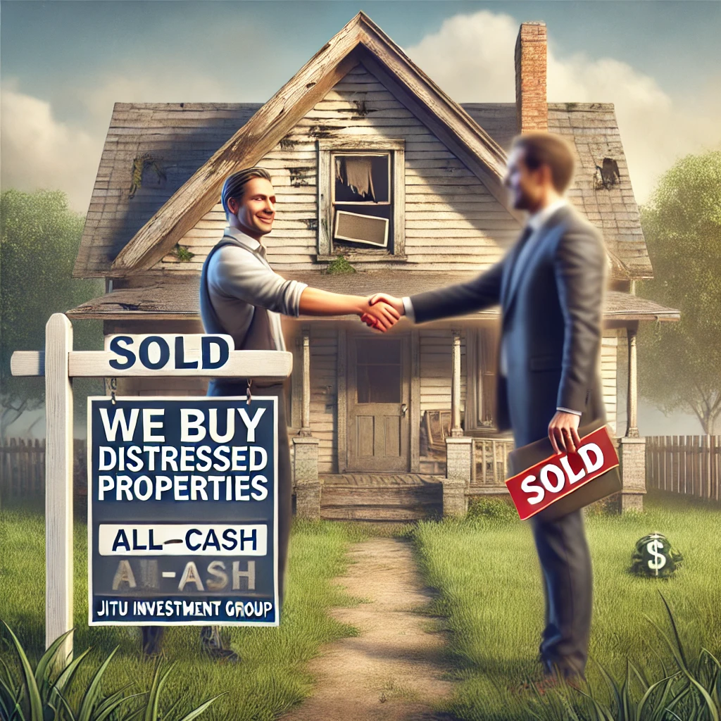 DALL·E-2024-12-09-00.29.52-A-realistic-image-of-a-distressed-property-being-sold-for-cash.-The-scene-features-a-slightly-worn-down-house-with-visible-signs-of-repair-needs-such